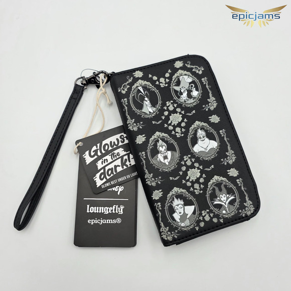 Loungefly Disney Villains Frame Glow-In-The-Dark Tech Black Wristlet Wallet New - Picture 1 of 4